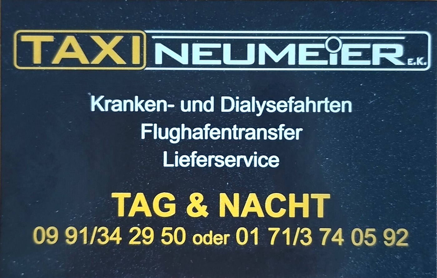 Company sign of Taxi Neumeier e.K. listing medical and dialysis transport, airport transfers and delivery service together with the numbers 0991 342950 and 0171 3740592